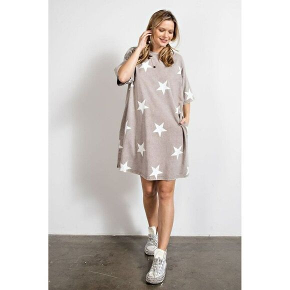 easel Dresses & Skirts - SALE! EASEL Clothing Mushroom Star Print Short Sleeve Dress Mineral Wash ED17082